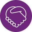 White icon of two hands forming a formal handshake on a round purple background to depict licensing
