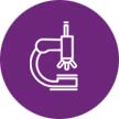 Icon of white scientific microscope on round purple background to depict research